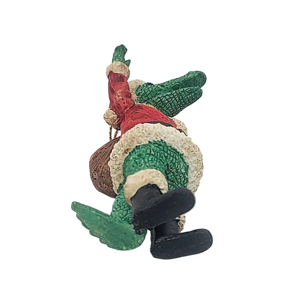 Vtg Alligator Crocodile Waving Resin Santa Claus Cajun Christmas Tree Ornament